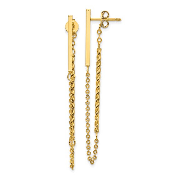 14k Polished and Twisted Bars with Chain Front and Back Post Earrings