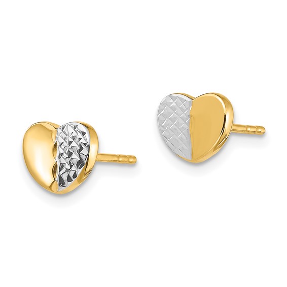 14K and White Rhodium Diamond-cut Heart Post Earrings