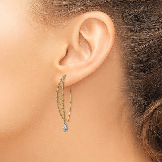 14k Two-tone Polished Wire-Wrapped Diamond-cut Dangle Threader Earrings