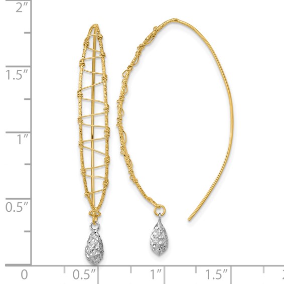 14k Two-tone Polished Wire-Wrapped Diamond-cut Dangle Threader Earrings