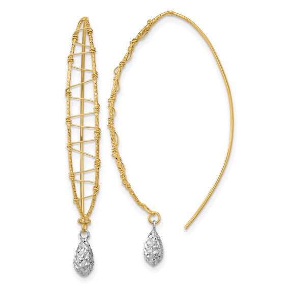 14k Two-tone Polished Wire-Wrapped Diamond-cut Dangle Threader Earrings