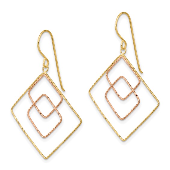14k Two-tone Diamond-cut Graduated Square Drop French Hook Earrings