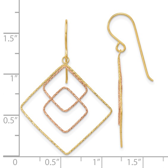 14k Two-tone Diamond-cut Graduated Square Drop French Hook Earrings