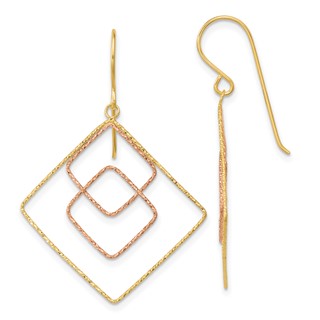 14k Two-tone Diamond-cut Graduated Square Drop French Hook Earrings
