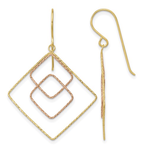 14K Two-tone Diamond-cut Graduated Square Drop French Hook Earrings