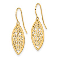 14K Yellow Gold Polished Flower in Oval Frame Dangle French Hook Earrings view 2