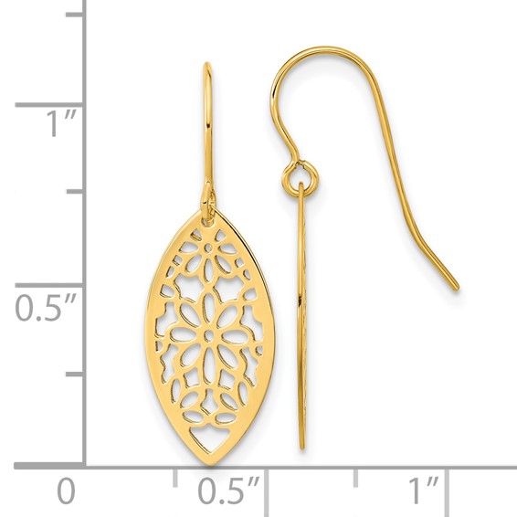 14k Polished Flower in Oval Frame Dangle French Hook Earrings
