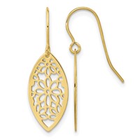 14K Yellow Gold Polished Flower in Oval Frame Dangle French Hook Earrings view 1