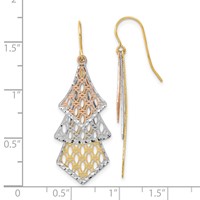 14K Tri-color Diamond-cut Polished Filigree Dangle French Hook Earrings view 3