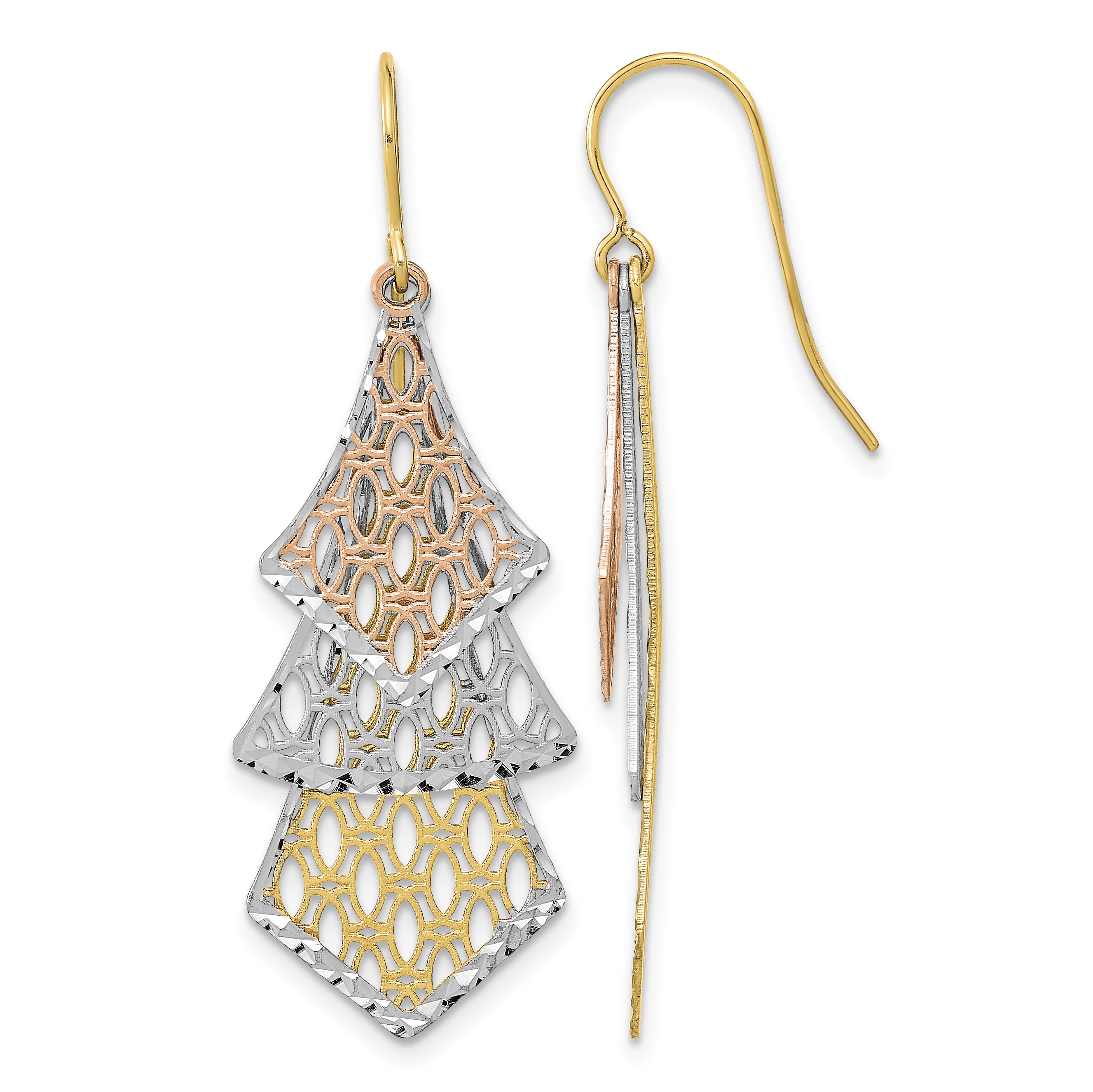 14k Tri-color D/C Polished Filigree Dangle Earrings (TL1026)