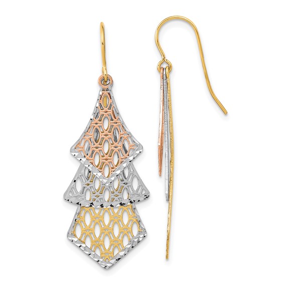 14k Tri-color Diamond-cut Polished Filigree Dangle French Hook Earrings