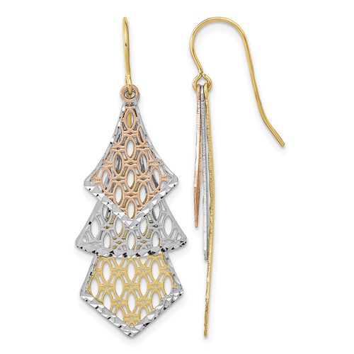 14K Tri-color Diamond-cut Polished Filigree Dangle French Hook Earrings