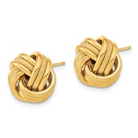 14K 13mm Yellow Gold Polished Textured Triple Love Knot Post Earrings view 2
