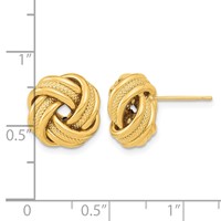14K 13mm Yellow Gold Polished Textured Triple Love Knot Post Earrings view 3