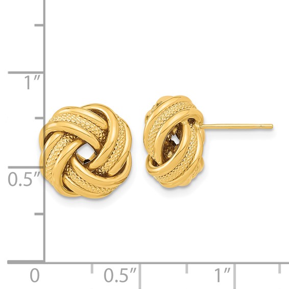 14k 13mm Polished Textured Triple Love Knot Post Earrings