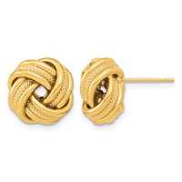 14K 13mm Yellow Gold Polished Textured Triple Love Knot Post Earrings view 1
