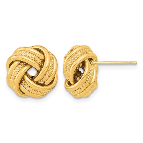 14K 13mm Yellow Gold Polished Textured Triple Love Knot Post Earrings
