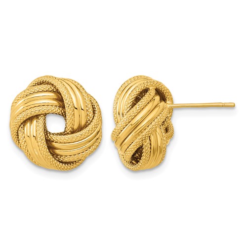 14K 14mm Yellow Gold Polished and Textured Love Knot Post Earrings