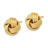 14K 12.5mm Yellow Gold Polished Textured Triple Love Knot Post Earrings view 2