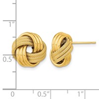 14K 12.5mm Yellow Gold Polished Textured Triple Love Knot Post Earrings view 3