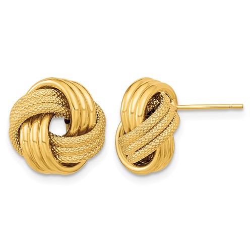 14K 12.5mm Yellow Gold Polished Textured Triple Love Knot Post Earrings