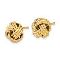 14K 10mm Yellow Gold Polished Textured Triple Love Knot Post Earrings view 2