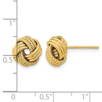 14K 10mm Yellow Gold Polished Textured Triple Love Knot Post Earrings view 3