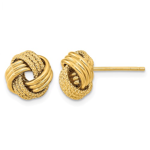 14K 10mm Yellow Gold Polished Textured Triple Love Knot Post Earrings