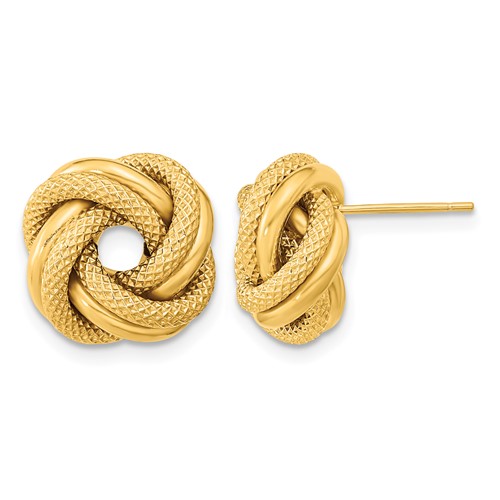 14K 13.5mm Yellow Gold Polished Textured Double Love Knot Post Earrings