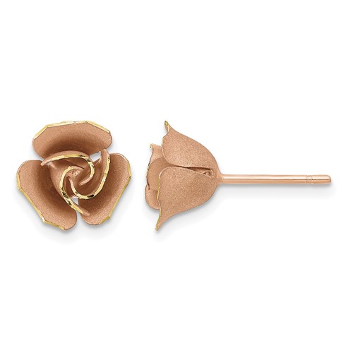 14K and Rose Rhodium Satin Finish Diamond-cut Rose Post Earrings