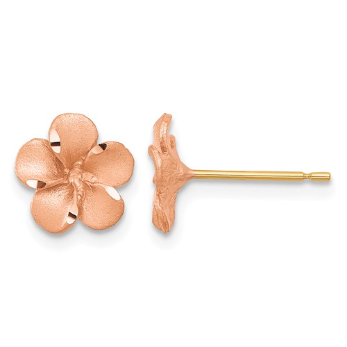 14K Rose Rhodium Earrings with Yellow Gold Post Satin Diamond-cut Plumeria