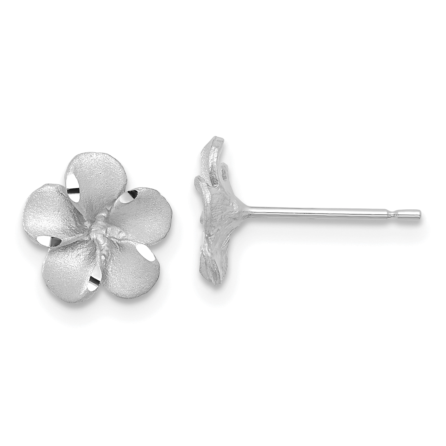14k White Gold Satin Diamond-cut Plumeria Post Earrings (TL1116W)