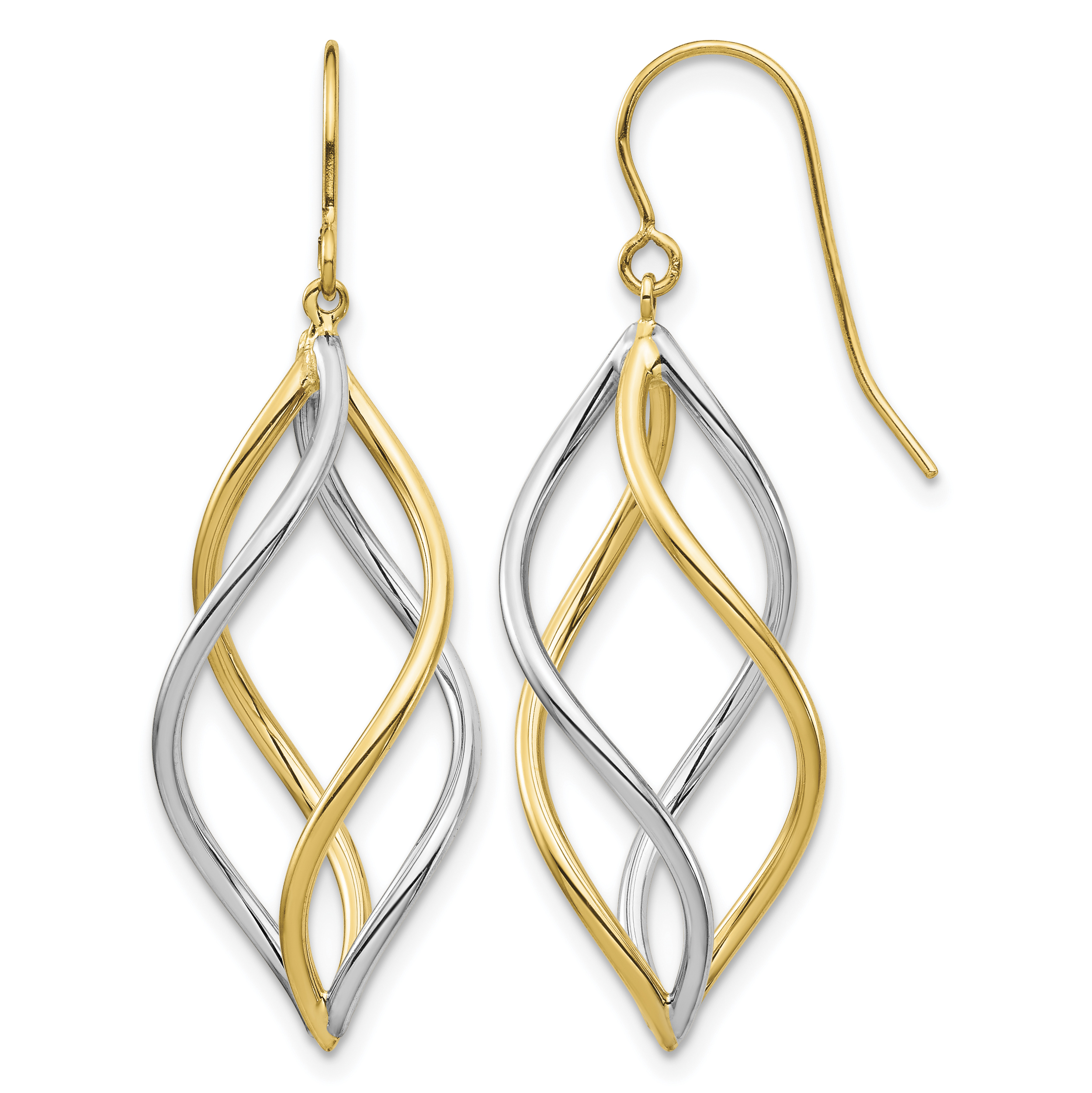 14K Two-Tone Twisted Polished Dangle Shepherd Hook Earrings (TL1146)