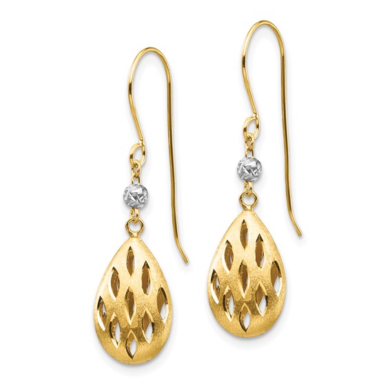 14k Two-Tone Diamond-cut Pierced Teardrop Dangle French Hook Earrings