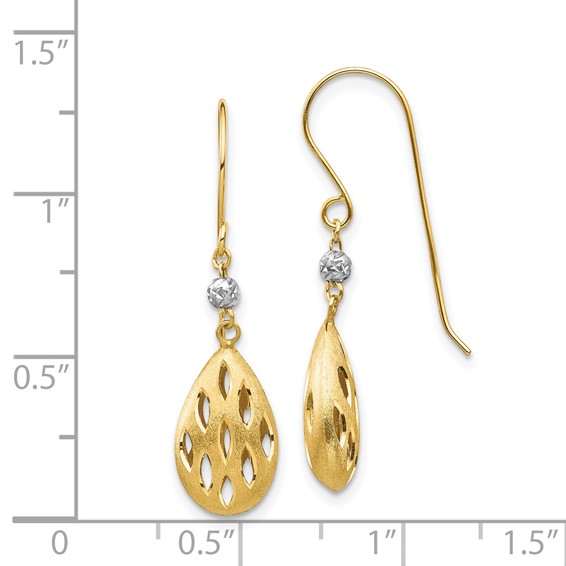 14k Two-Tone Diamond-cut Pierced Teardrop Dangle French Hook Earrings
