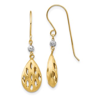 14k Two-Tone Diamond-cut Pierced Teardrop Dangle French Hook Earrings