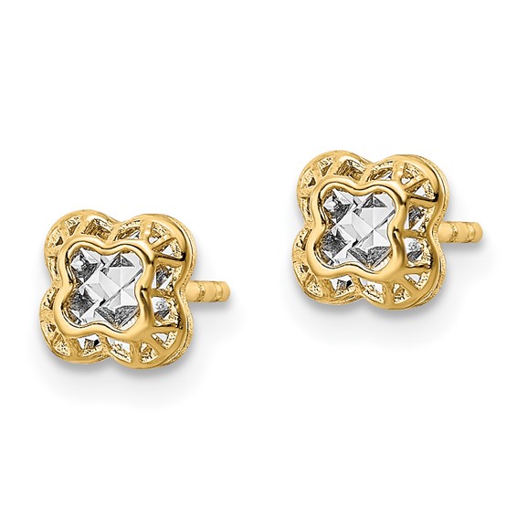 14k w/Rhodium Center Floral Shape Post Earrings
