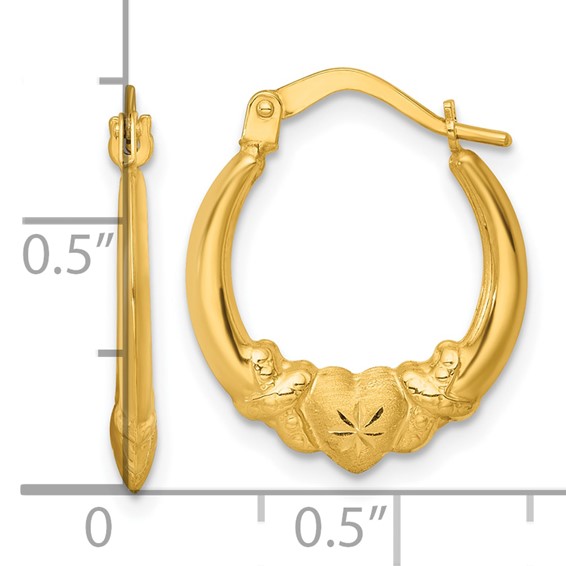 14k Polished Brushed and Diamond-cut Heart Scalloped Hollow Hoop Earrings