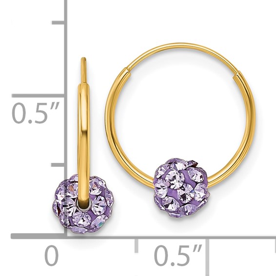 14k Polished Lavender Crystal and Resin Bead Endless Hoop Earrings