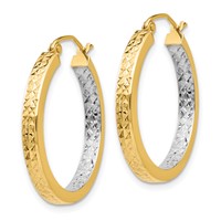 14K White Rhodium Light Square Diamond Cut Hoop Earrings view 2