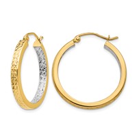 14K White Rhodium Light Square Diamond Cut Hoop Earrings view 1