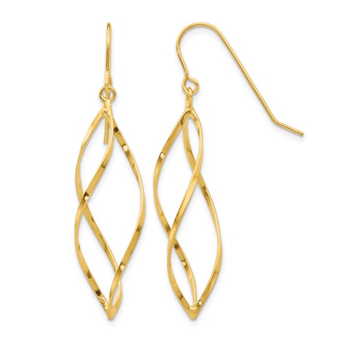 14K Yellow Gold Twisted Swirl Dangle French Hook Earrings