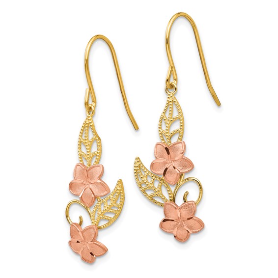 14K Two-tone Fancy Plumeria Dangle French Wire Earrings