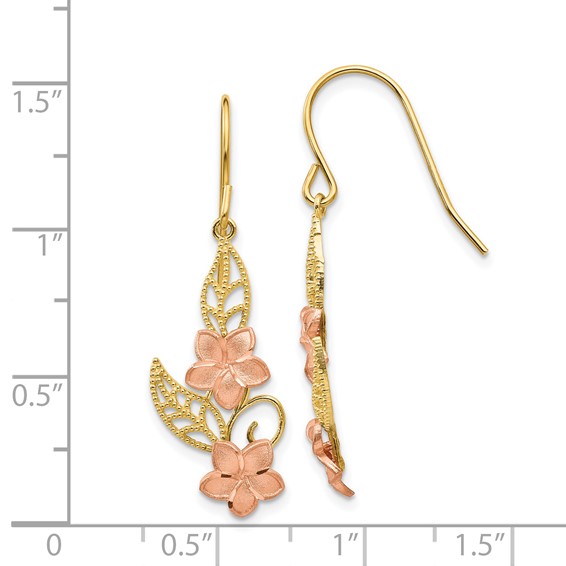 14K Two-tone Fancy Plumeria Dangle French Wire Earrings
