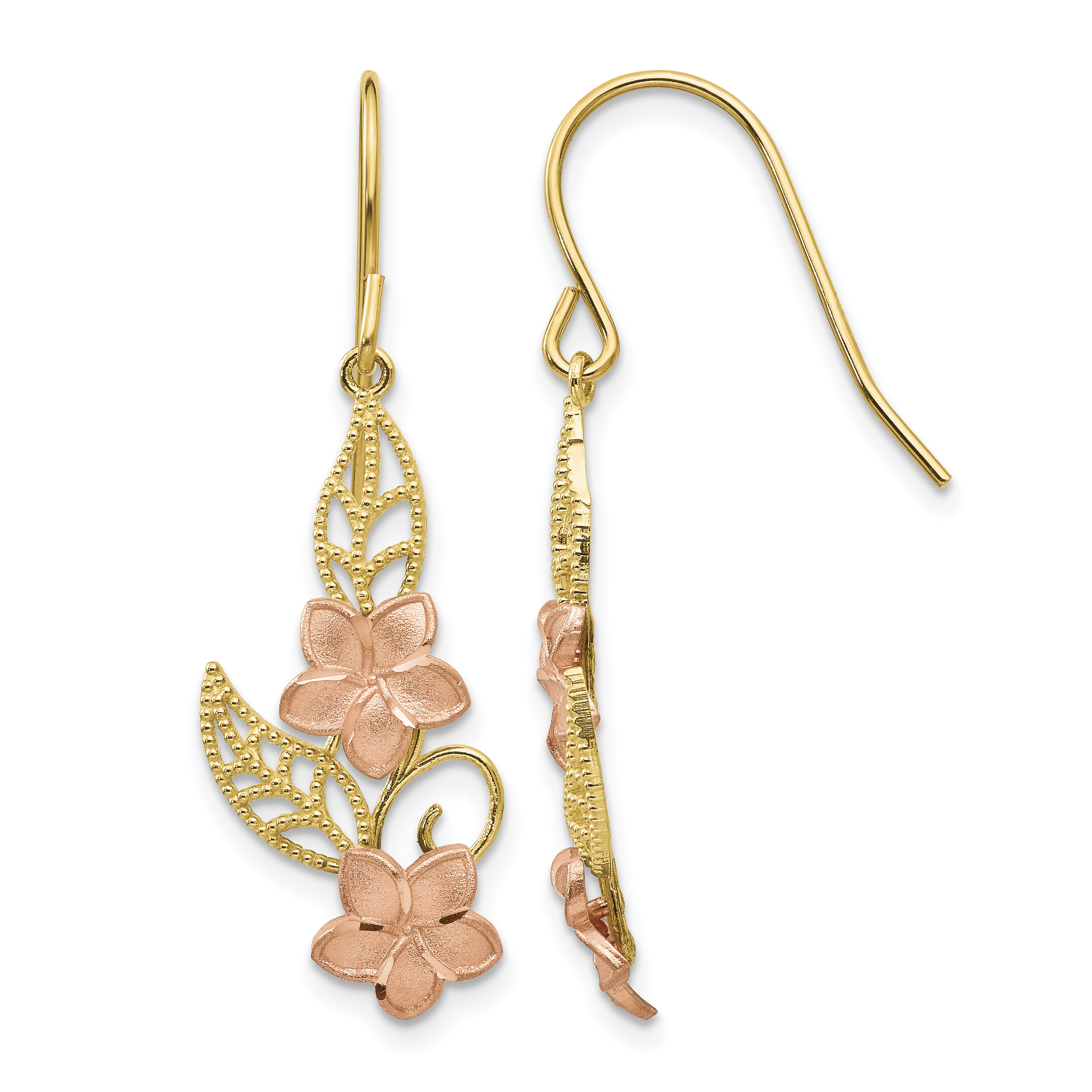14K Two-tone Fancy Plumeria Dangle Earrings (TL456)