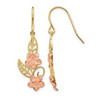 14K Two-tone Fancy Plumeria Dangle French Wire Earrings view 1