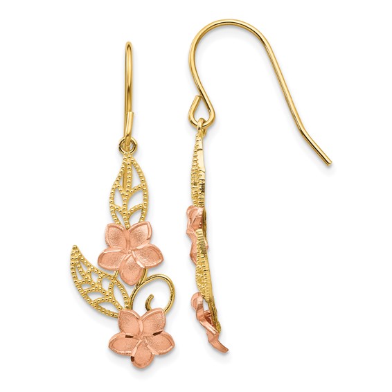 14K Two-tone Fancy Plumeria Dangle French Wire Earrings