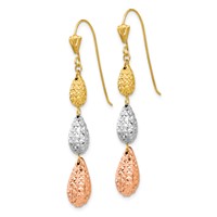 14K Tri-color Puffed Diamond-cut Teardrops Dangle French Hook Earrings view 2
