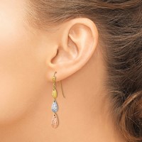 14K Tri-color Puffed Diamond-cut Teardrops Dangle French Hook Earrings view 3