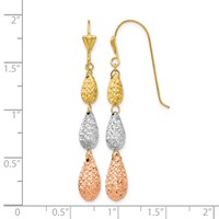 14K Tri-color Puffed Diamond-cut Teardrops Dangle French Hook Earrings view 4